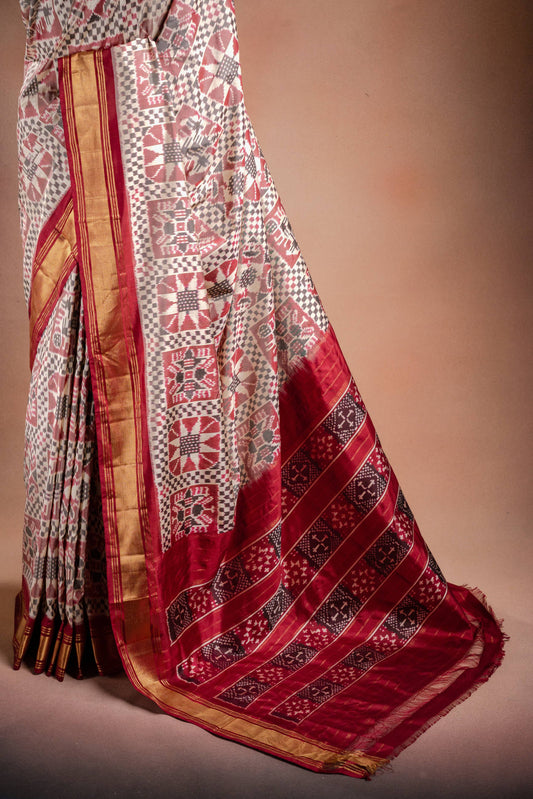 Grey Pochampally Saree with Red Border