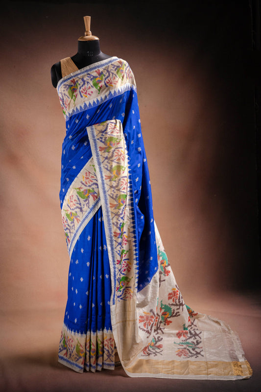 Blue Pochampally Saree with White Pallu