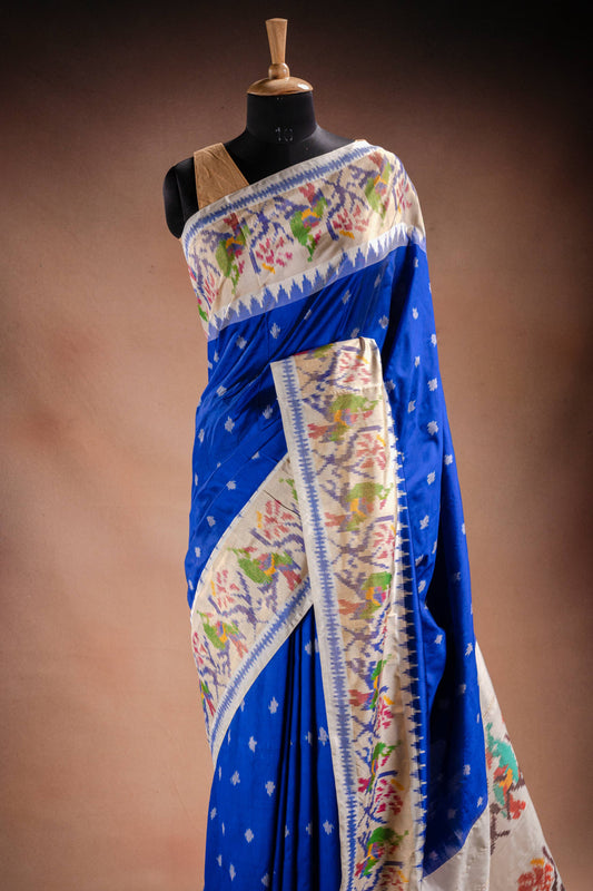 Blue Pochampally Saree with White Pallu