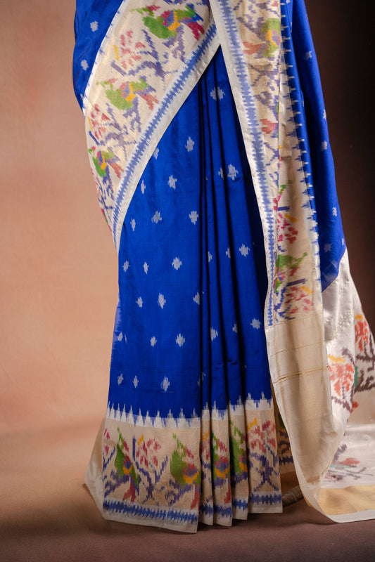 Blue Pochampally Saree with White Pallu