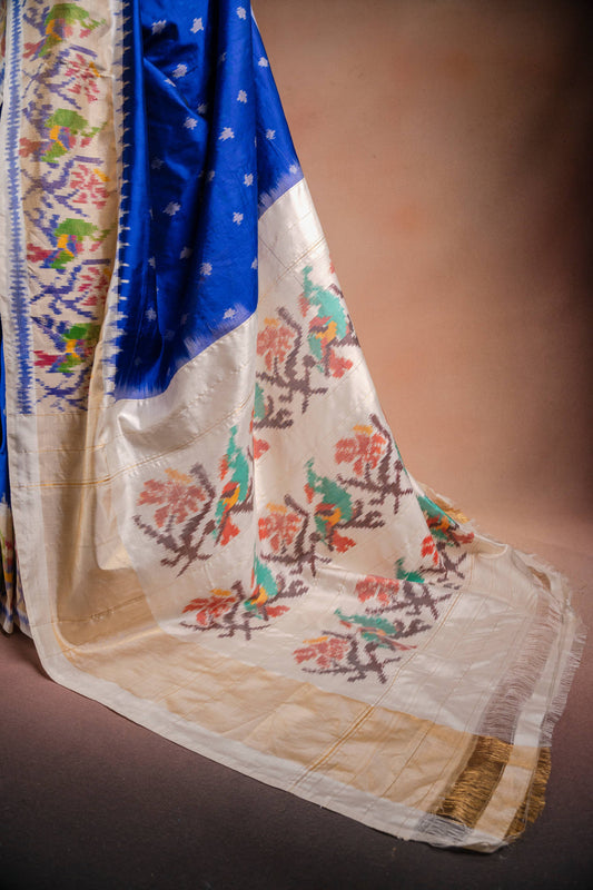 Blue Pochampally Saree with White Pallu