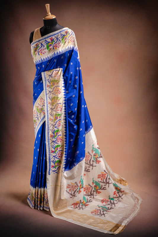 Blue Pochampally Saree with White Pallu