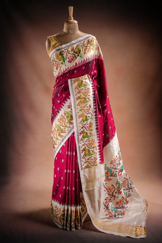 Wine Red Pochampally Saree with White Pallu