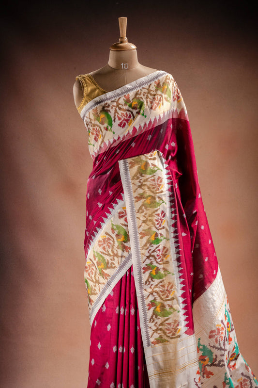 Wine Red Pochampally Saree with White Pallu