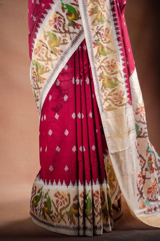 Wine Red Pochampally Saree with White Pallu