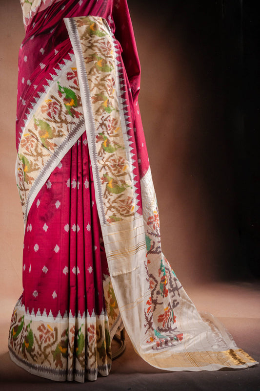 Wine Red Pochampally Saree with White Pallu