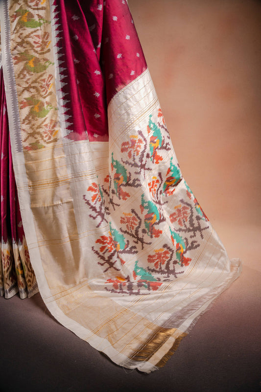 Wine Red Pochampally Saree with White Pallu