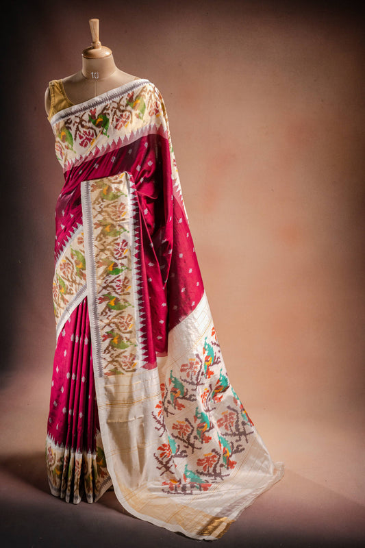 Wine Red Pochampally Saree with White Pallu