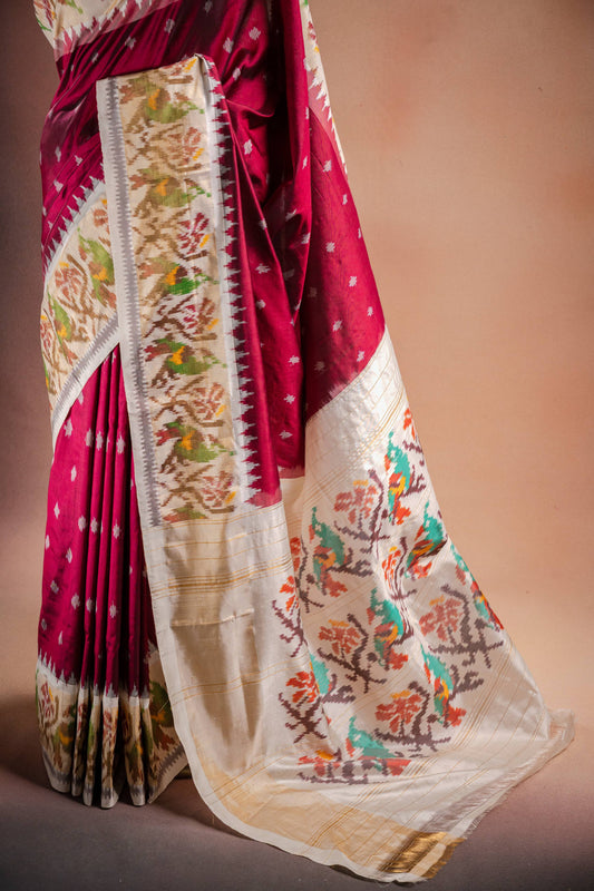 Wine Red Pochampally Saree with White Pallu