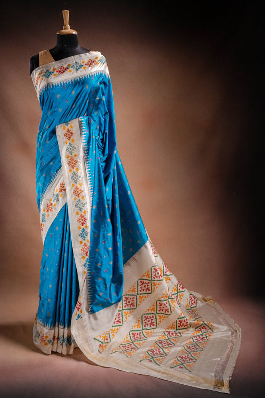 Sky Blue Pochampally Saree with White Pallu