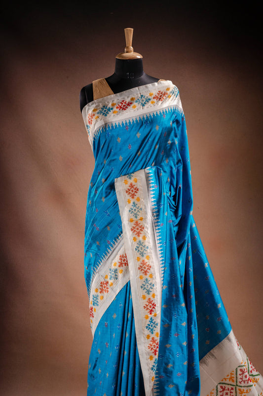 Sky Blue Pochampally Saree with White Pallu