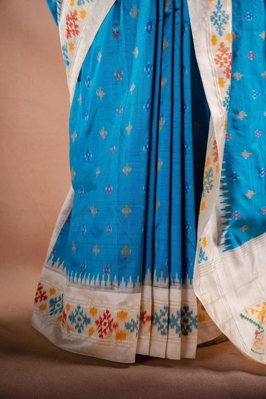 Sky Blue Pochampally Saree with White Pallu