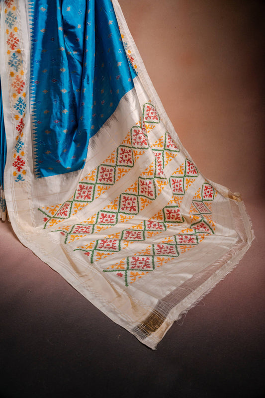 Sky Blue Pochampally Saree with White Pallu