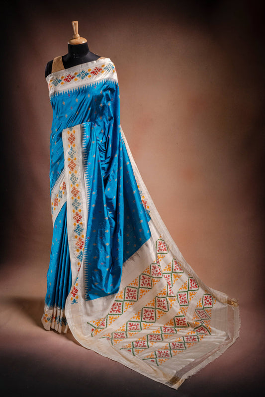Sky Blue Pochampally Saree with White Pallu