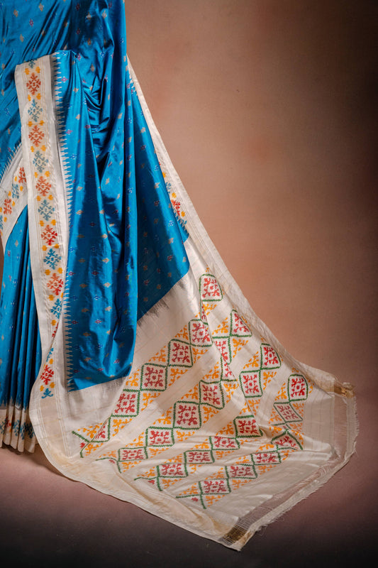 Sky Blue Pochampally Saree with White Pallu