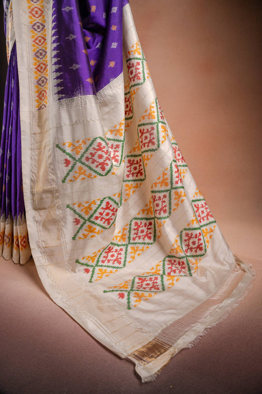 Purple Pochampally Saree with White Pallu