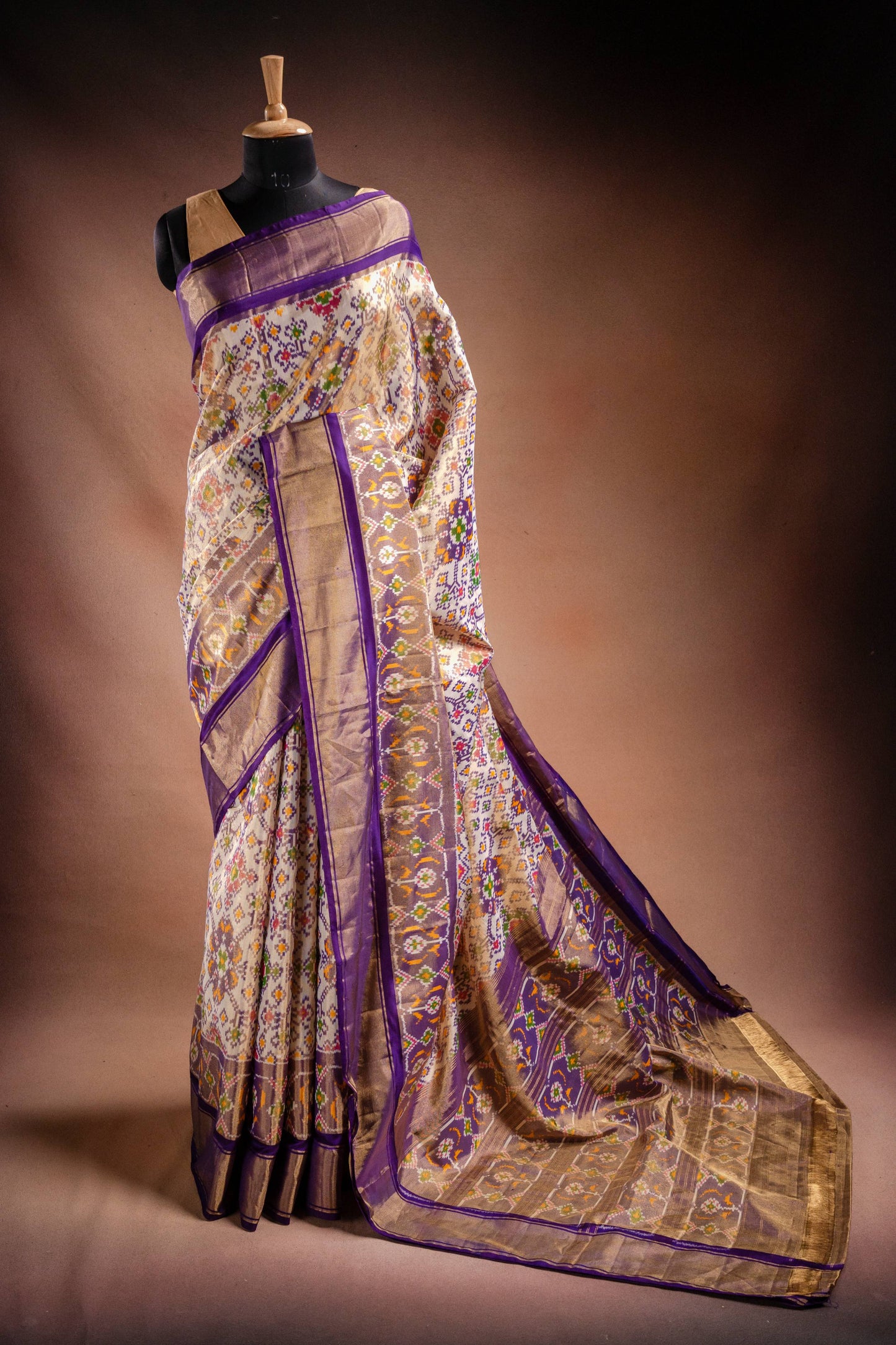 Cream Pochampally Saree with Purple Border