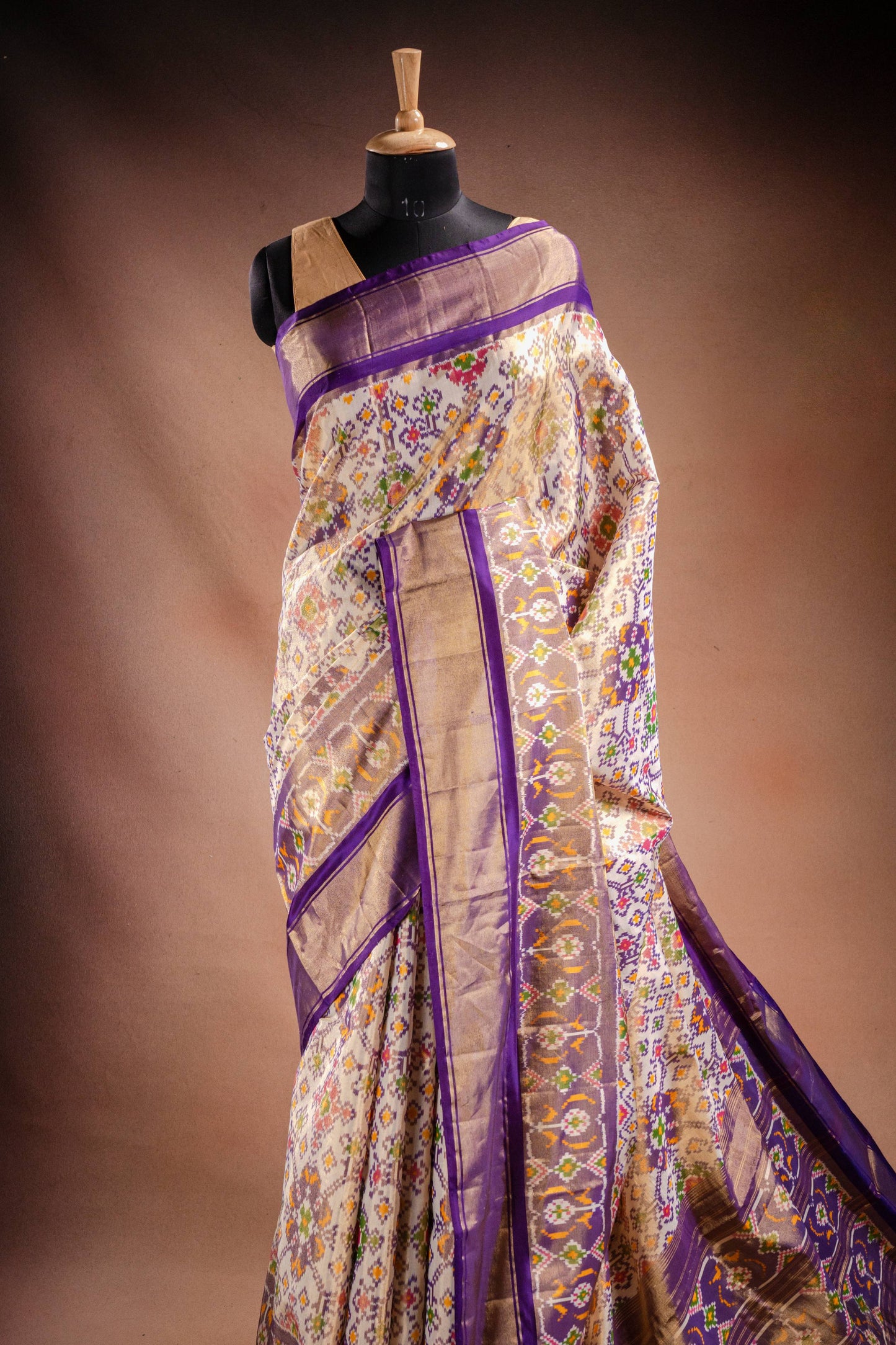 Cream Pochampally Saree with Purple Border