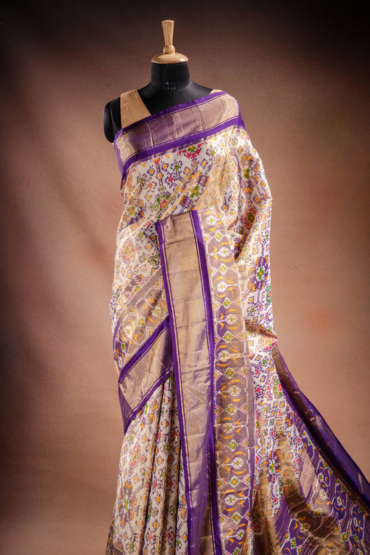 Cream Pochampally Saree with Purple Border