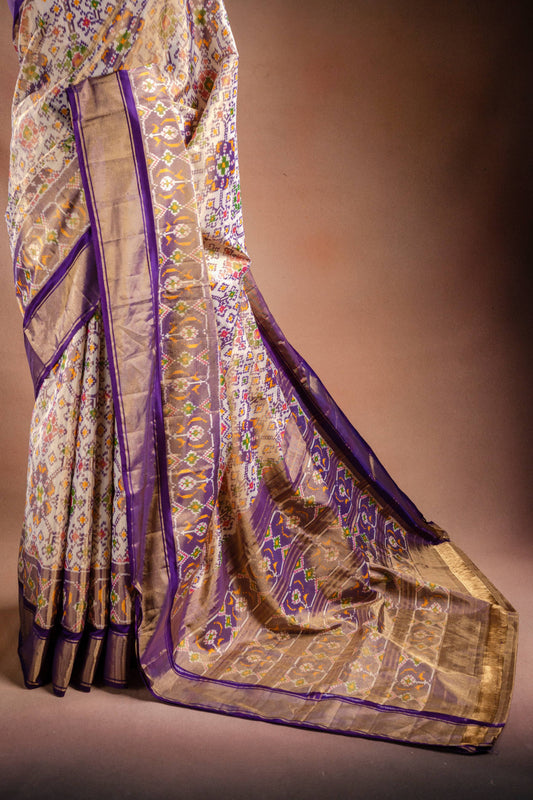 Cream Pochampally Saree with Purple Border