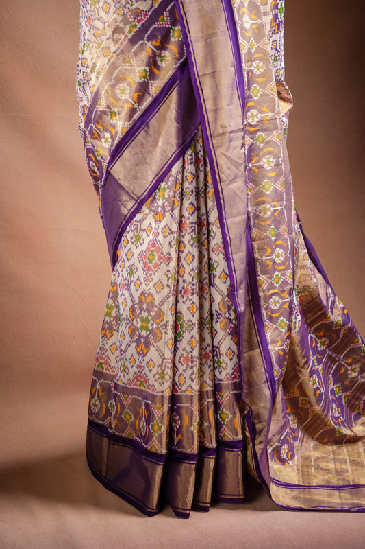 Cream Pochampally Saree with Purple Border