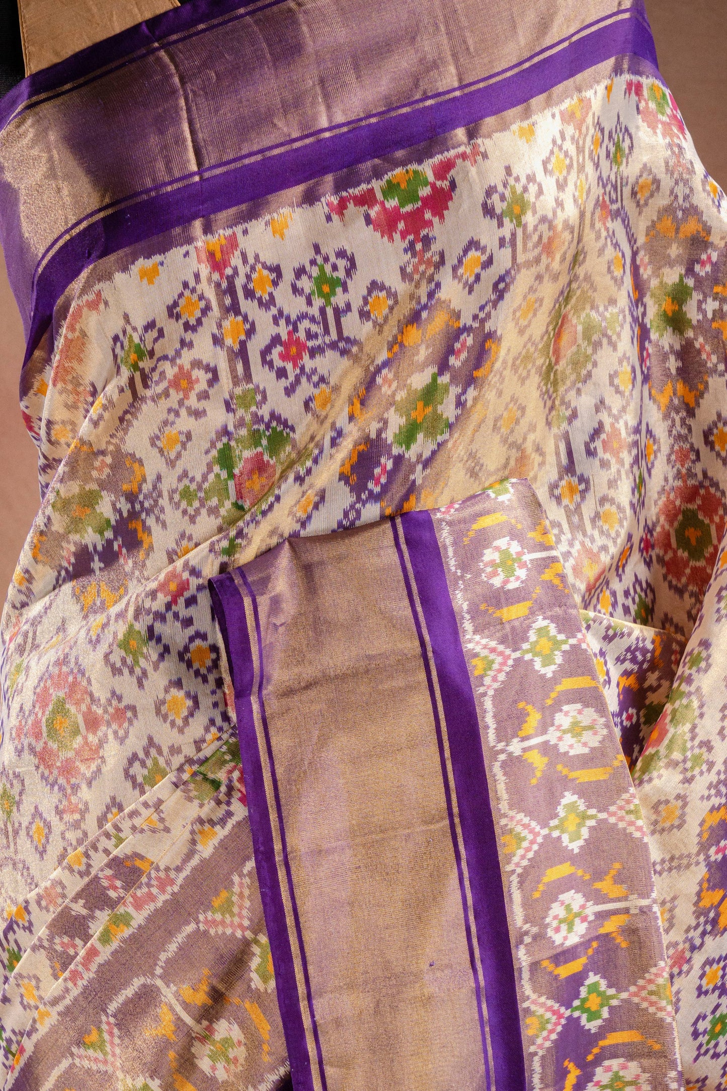 Cream Pochampally Saree with Purple Border