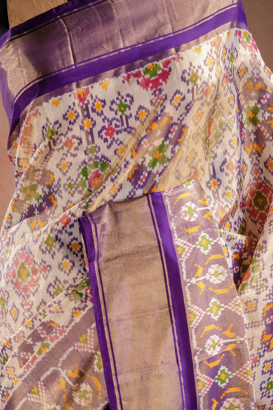 Cream Pochampally Saree with Purple Border