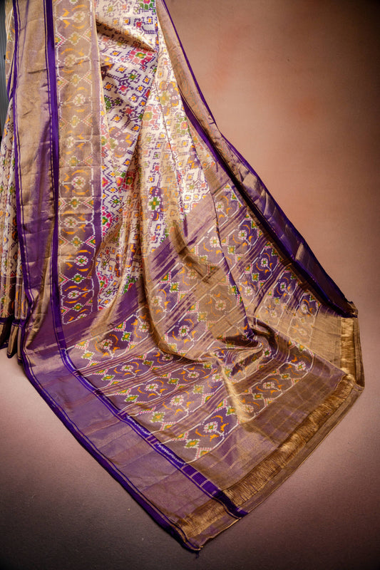 Cream Pochampally Saree with Purple Border