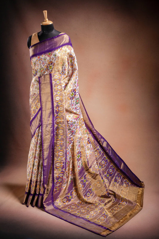 Cream Pochampally Saree with Purple Border
