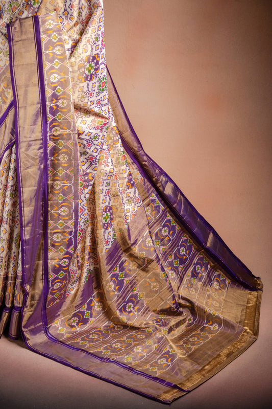 Cream Pochampally Saree with Purple Border
