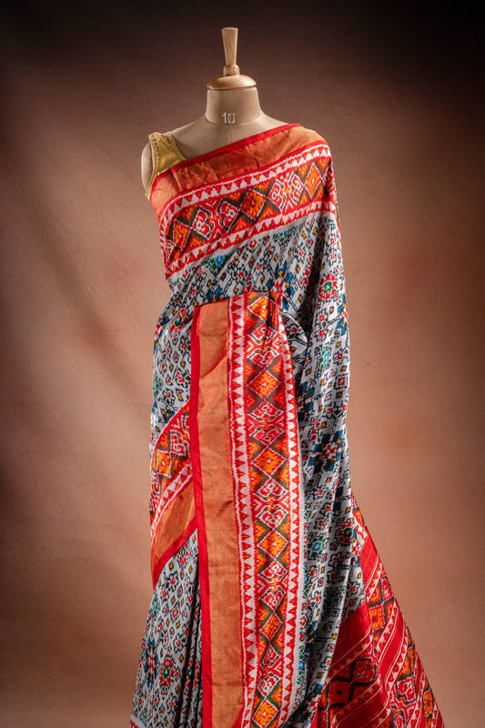 Grey Pochampally Saree with Red Border