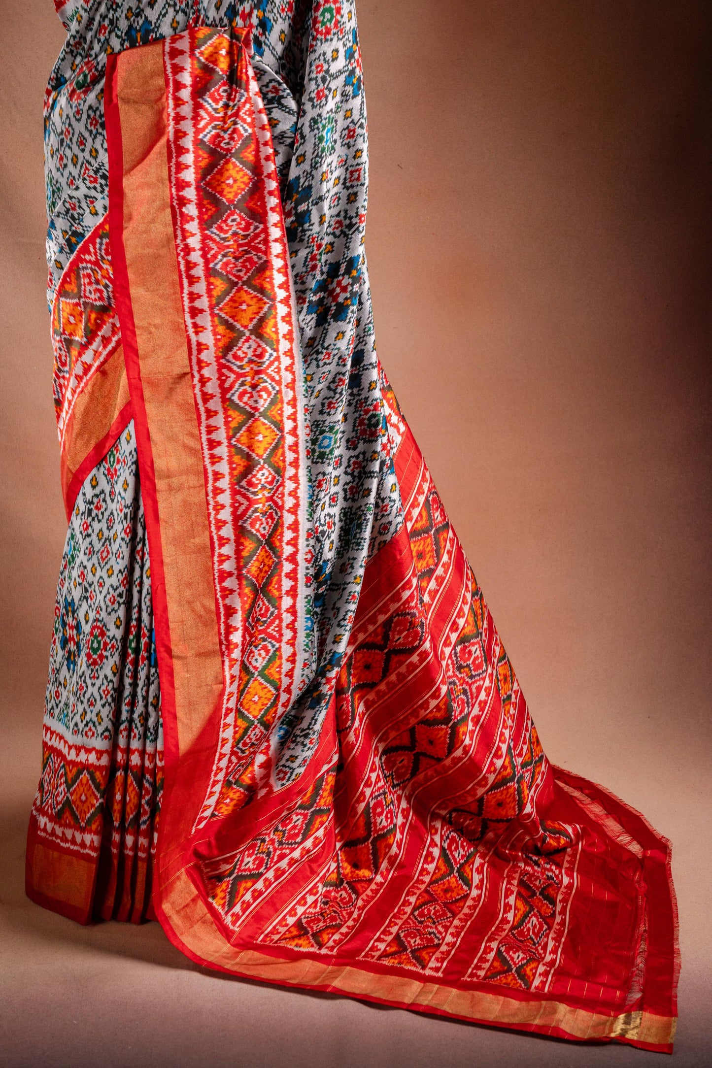 Grey Pochampally Saree with Red Border