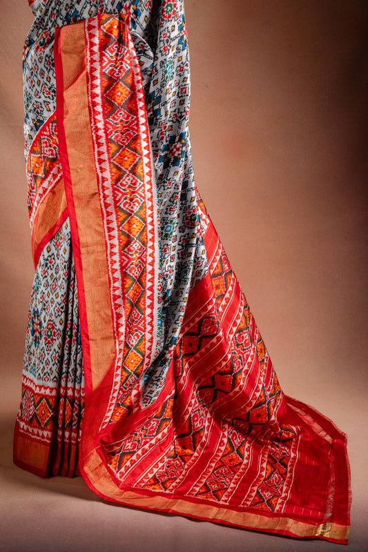 Grey Pochampally Saree with Red Border