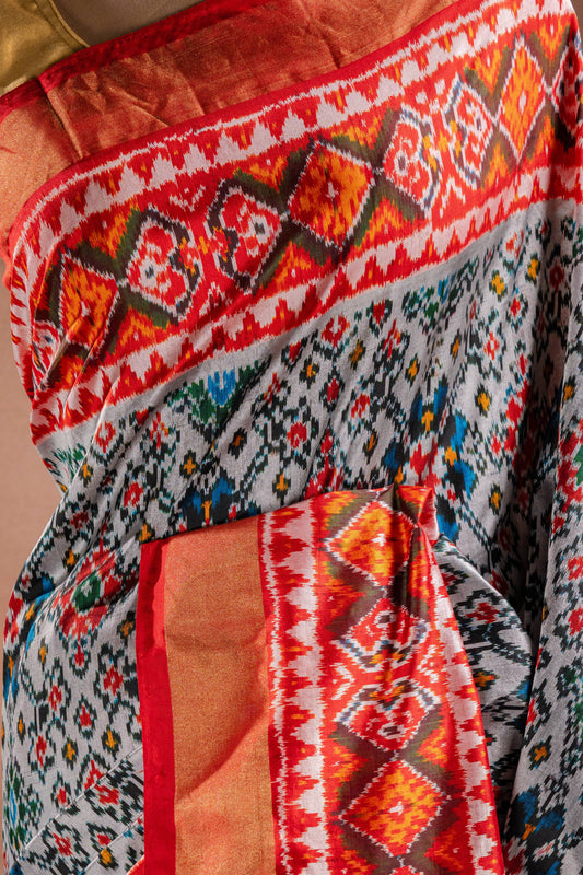 Grey Pochampally Saree with Red Border