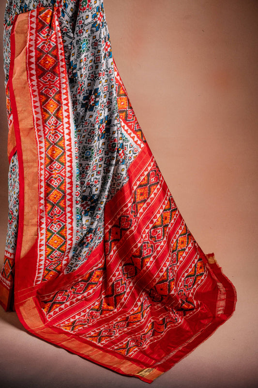 Grey Pochampally Saree with Red Border