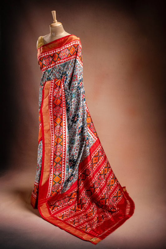 Grey Pochampally Saree with Red Border
