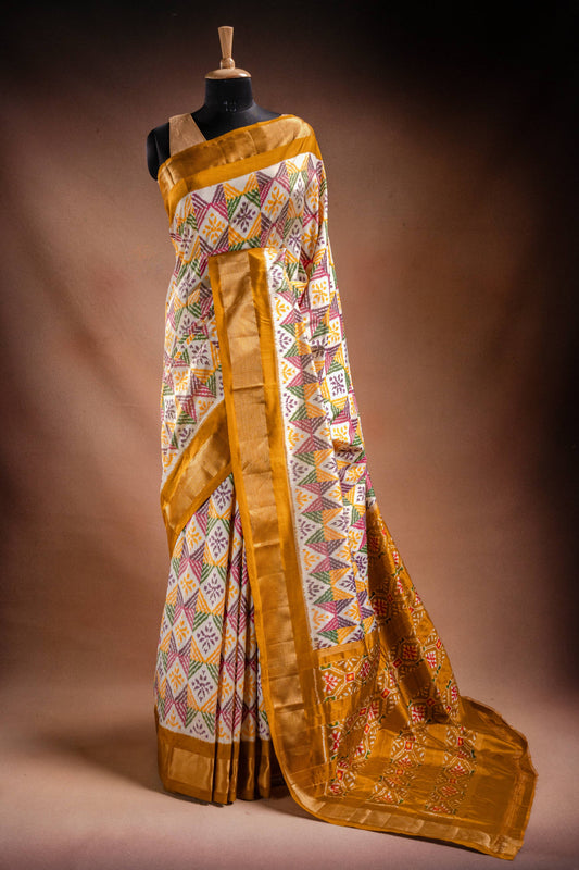 Multicolor Pochampally Saree with Mustard Border