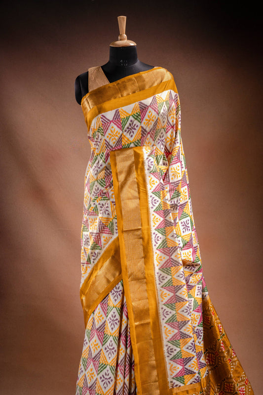 Multicolor Pochampally Saree with Mustard Border