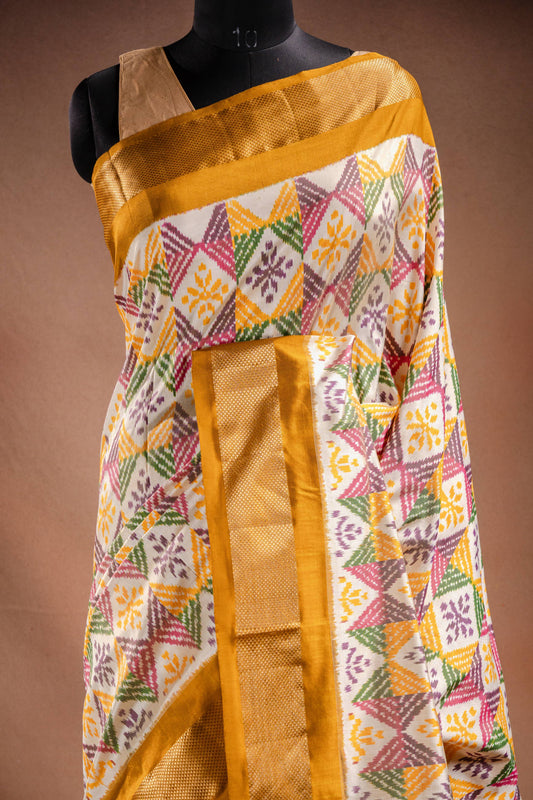 Multicolor Pochampally Saree with Mustard Border