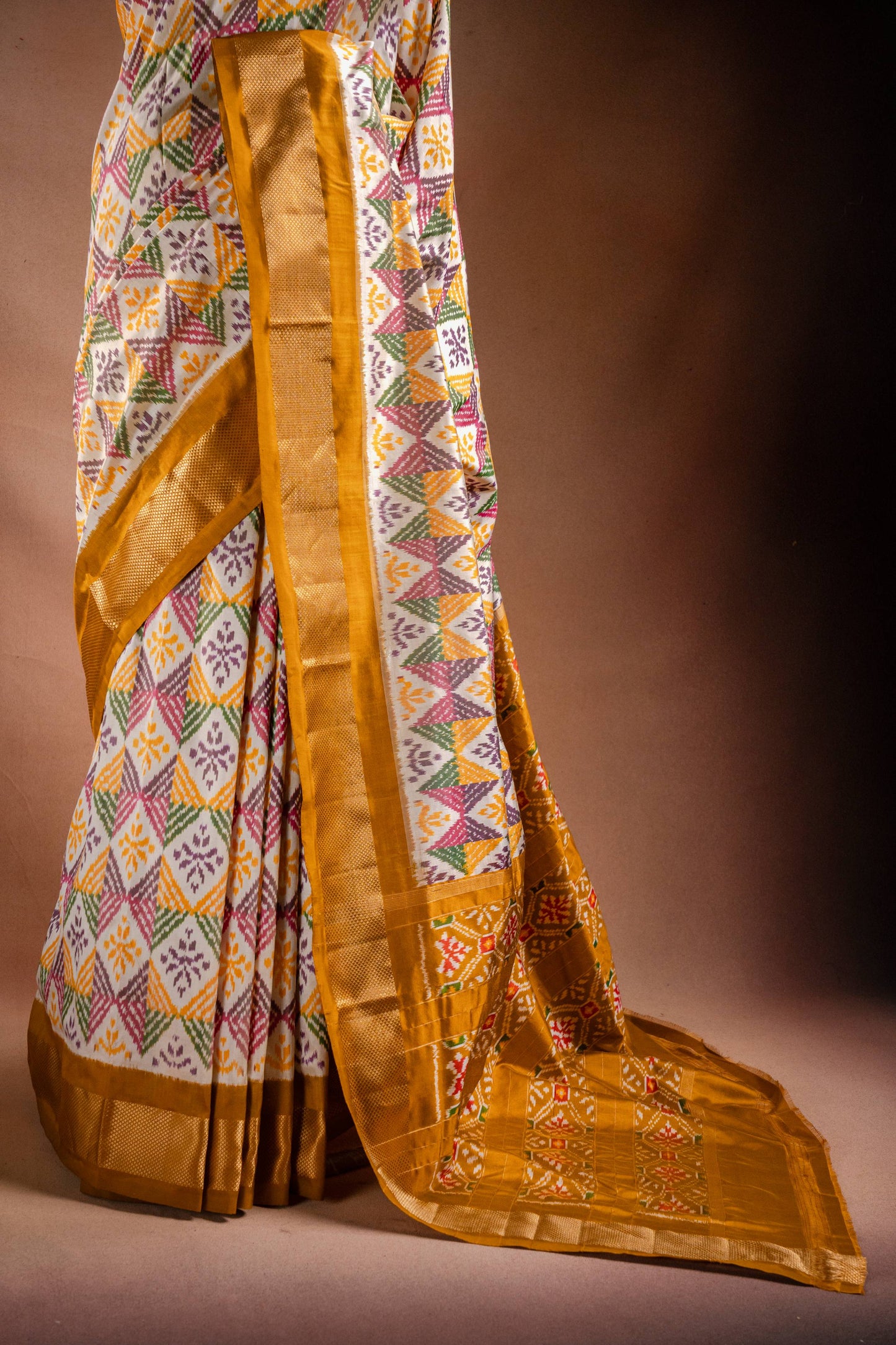 Multicolor Pochampally Saree with Mustard Border