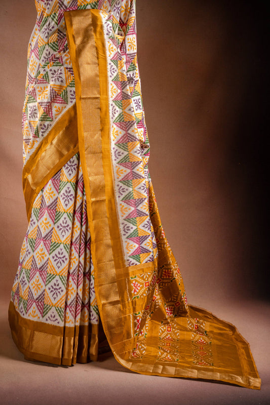 Multicolor Pochampally Saree with Mustard Border