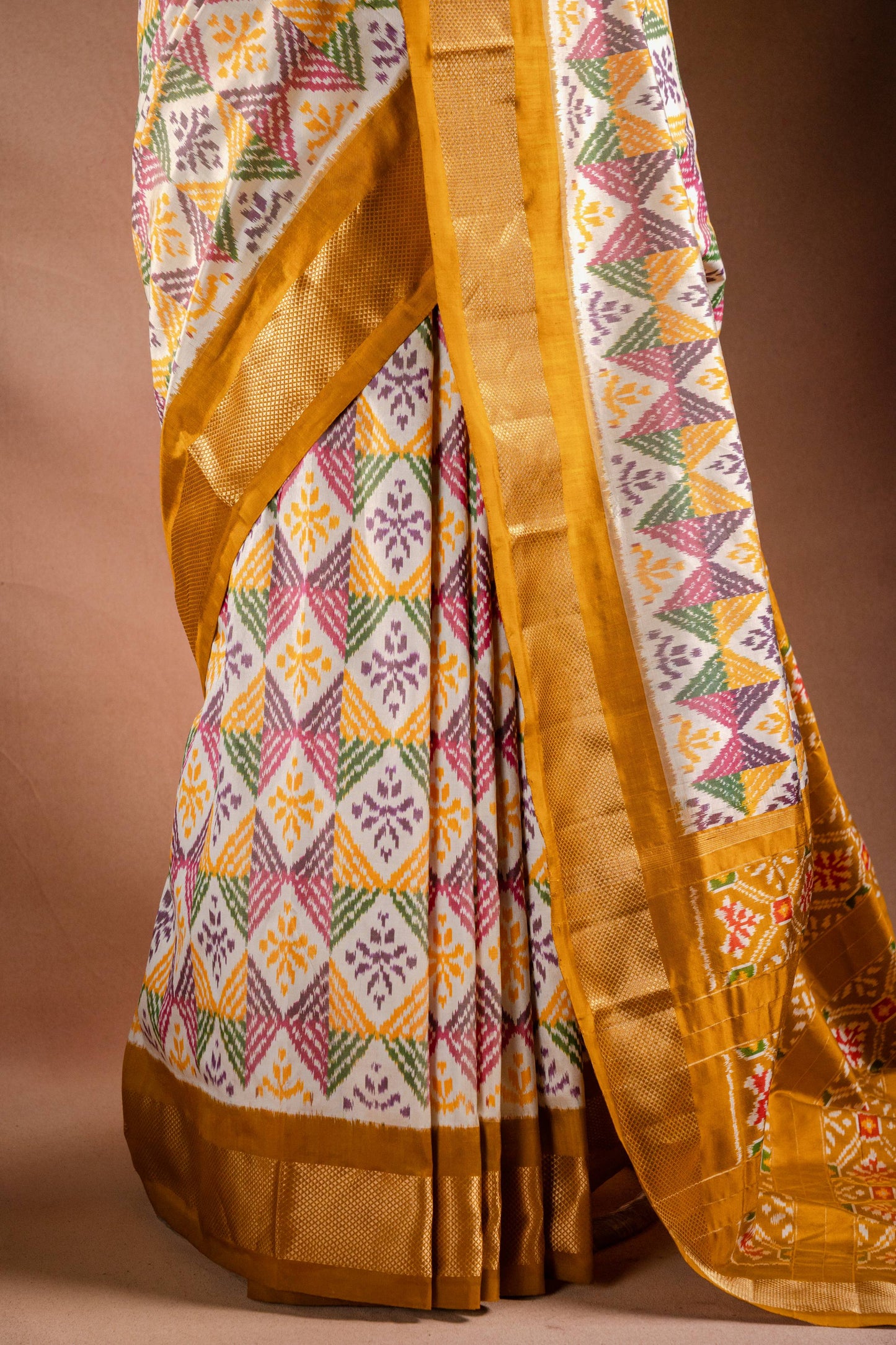 Multicolor Pochampally Saree with Mustard Border