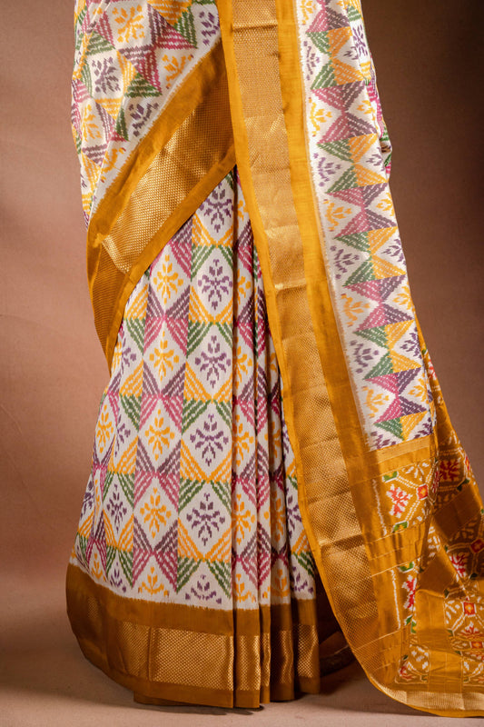 Multicolor Pochampally Saree with Mustard Border