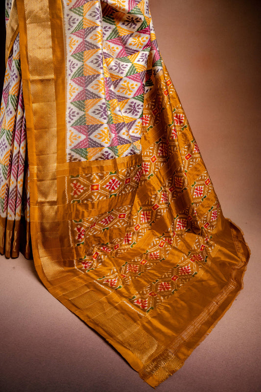 Multicolor Pochampally Saree with Mustard Border