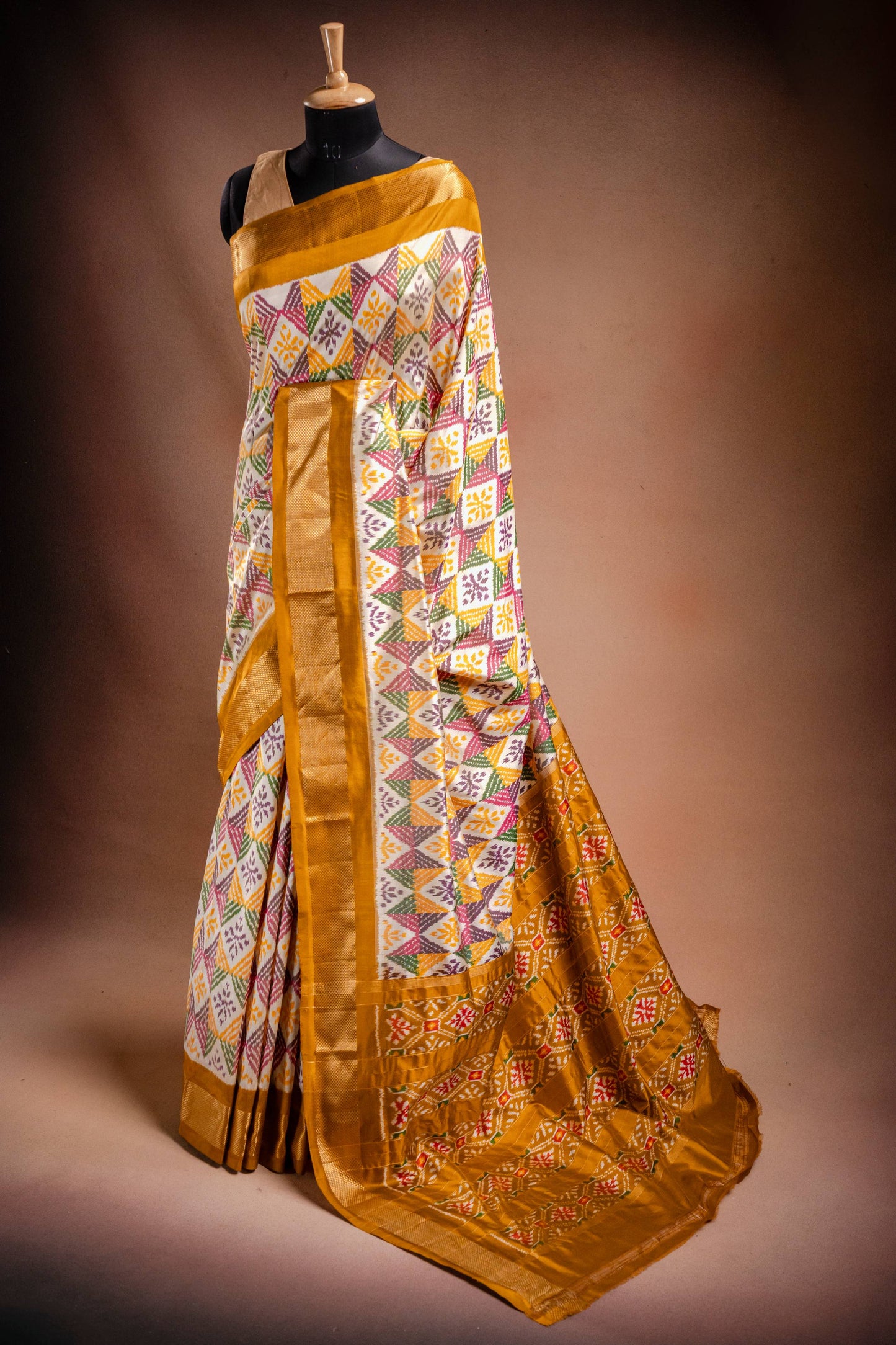 Multicolor Pochampally Saree with Mustard Border
