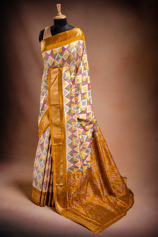 Multicolor Pochampally Saree with Mustard Border