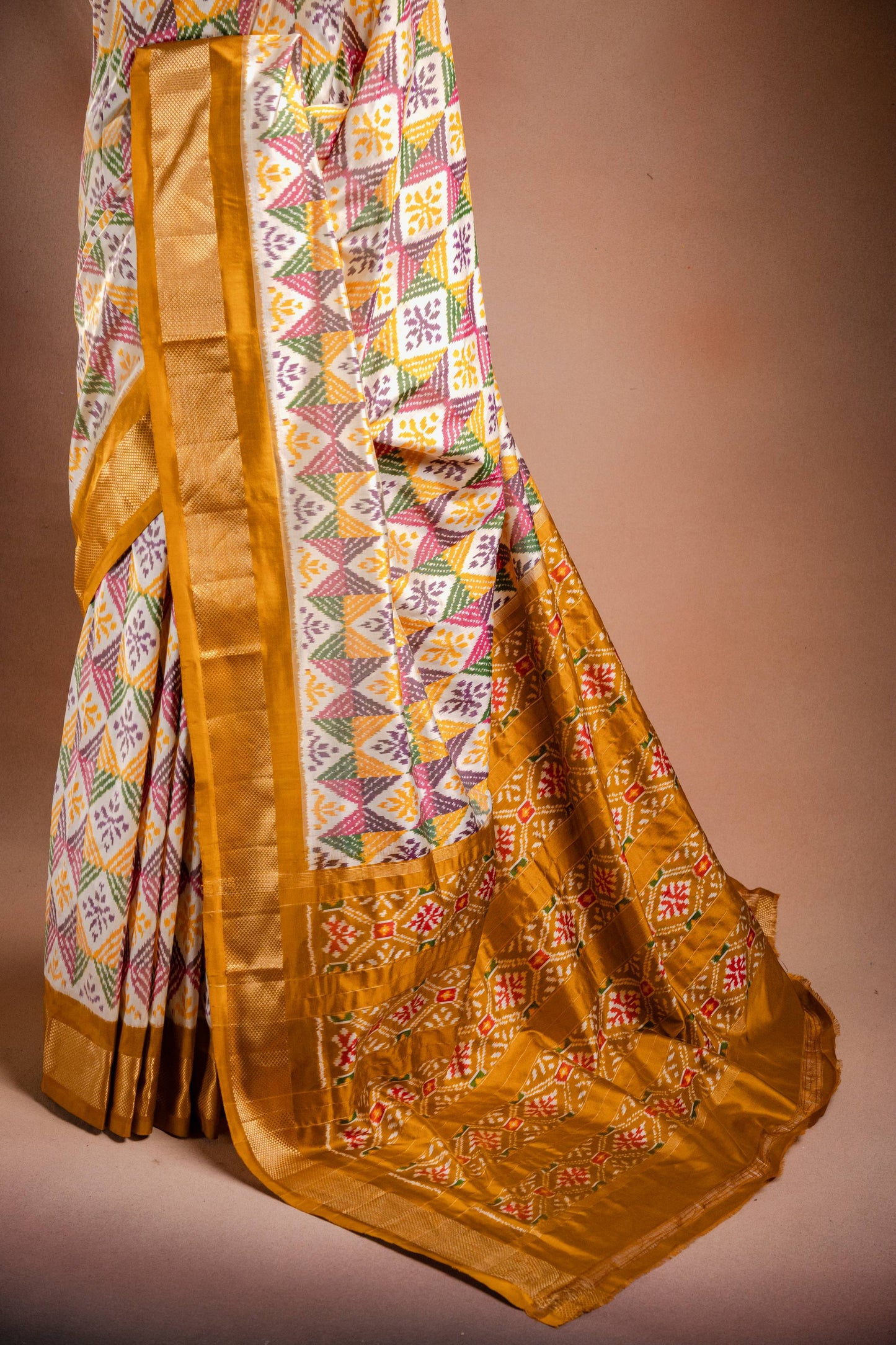 Multicolor Pochampally Saree with Mustard Border