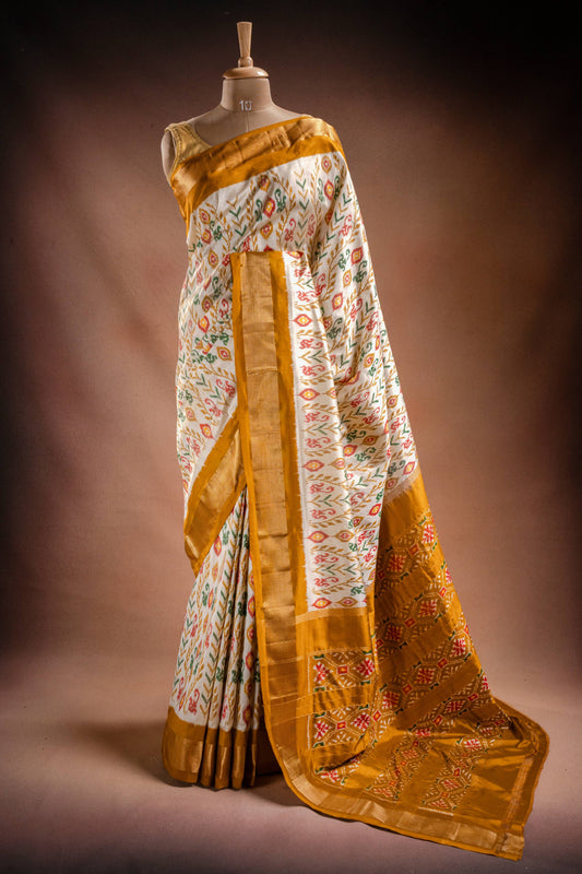 White Pochampally Saree with Mustard Border