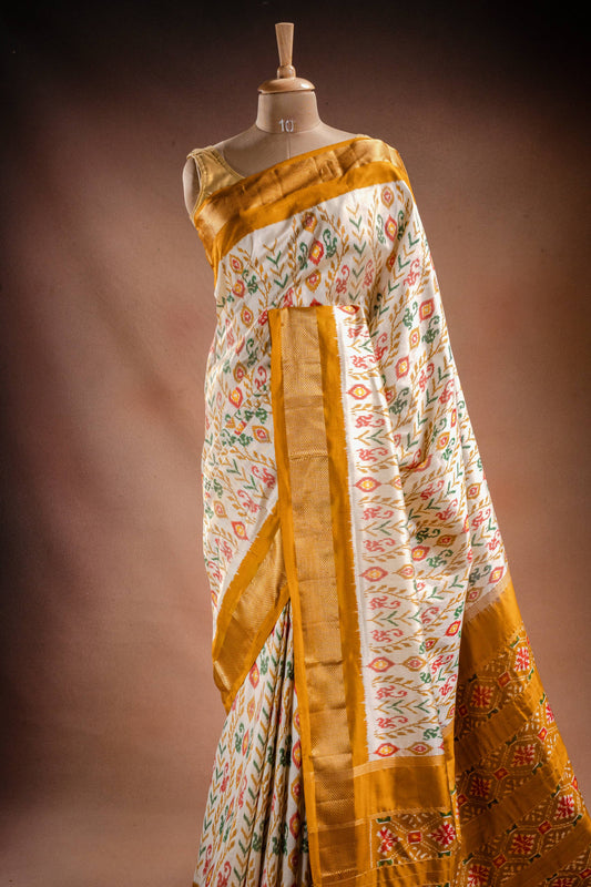 White Pochampally Saree with Mustard Border