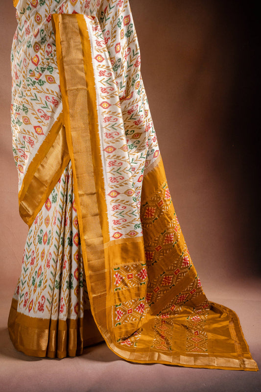 White Pochampally Saree with Mustard Border